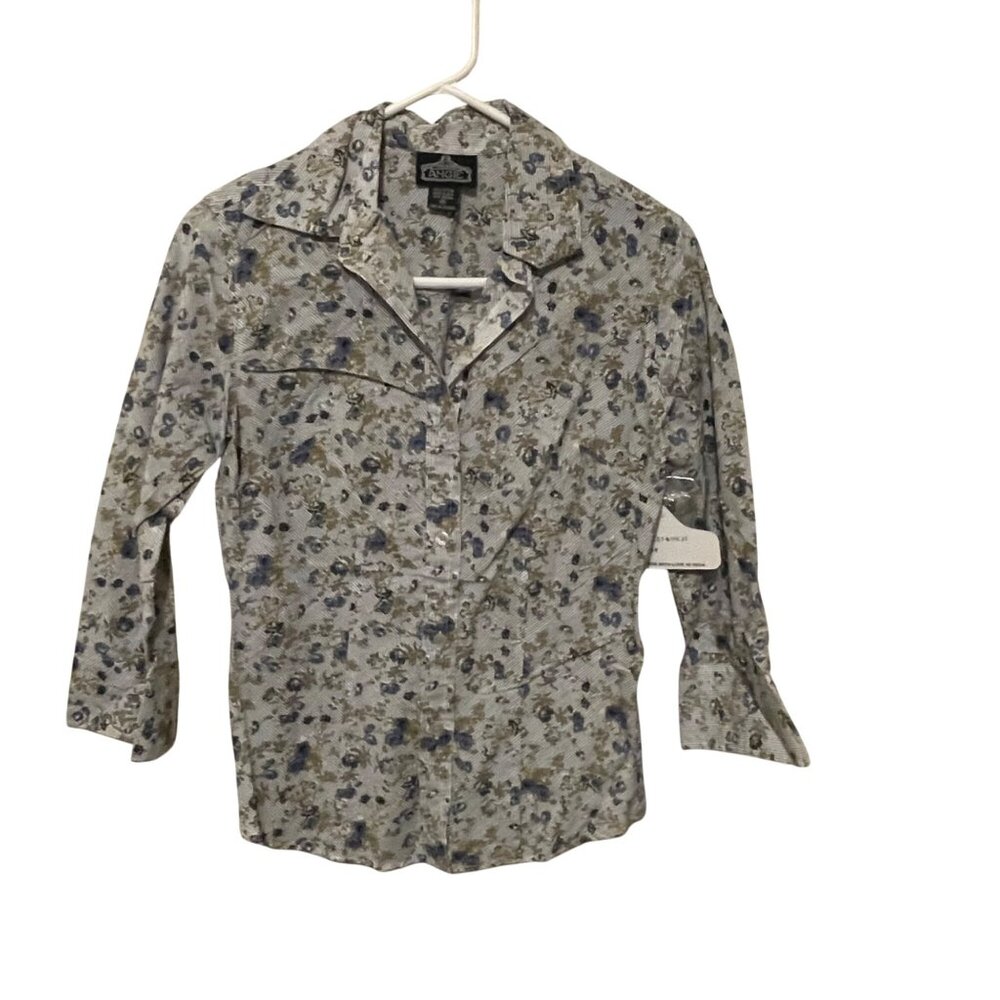 NWT Floral Button-Up Womens Blouse Angie M Blue/White Long Sleeve Cotton #E-7-12